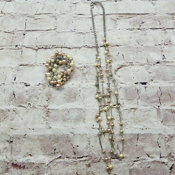 Macys Matching Set Faux Pearls Silver Bracelet Necklace Preppy Formal Party Glam - Picture 1 of 6